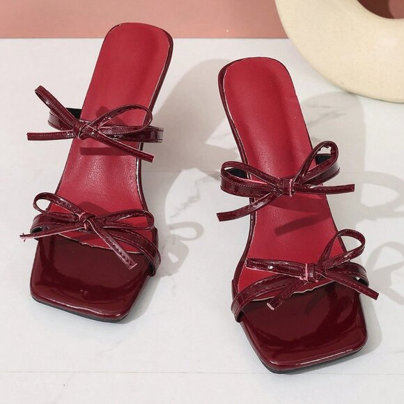 Burgundy Bowknot Open Toe High Heel Women's Sandals - Picture 7 of 7